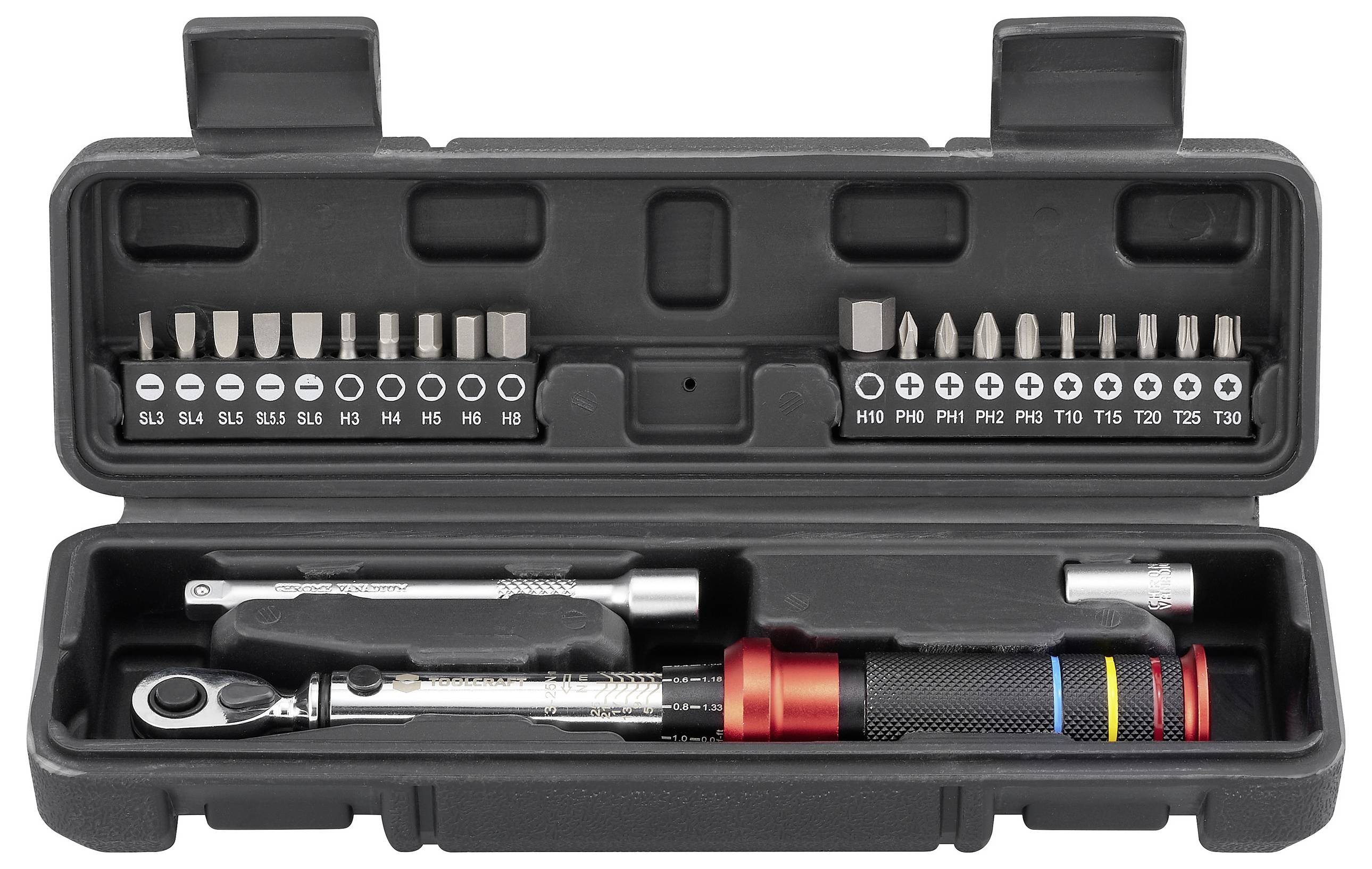 A black tool case containing a ratchet wrench, a torque wrench with a colorful grip, and multiple bits labeled from SL3 to T30.