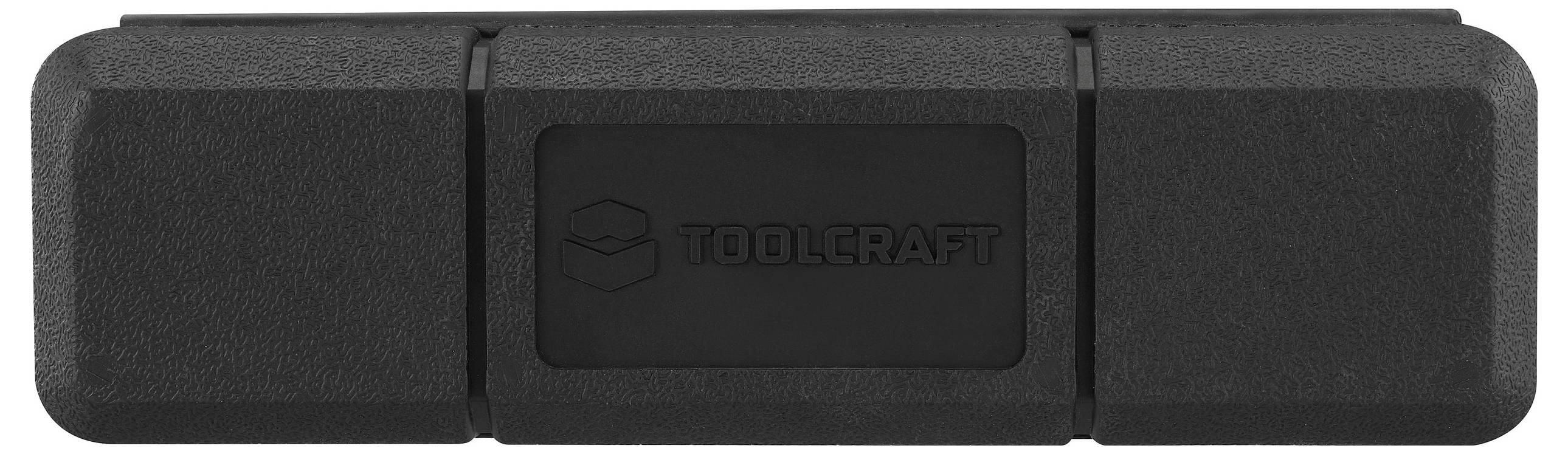 A black rectangular Toolcraft case shown closed, featuring the brand logo and designed for holding tools securely during transportation.