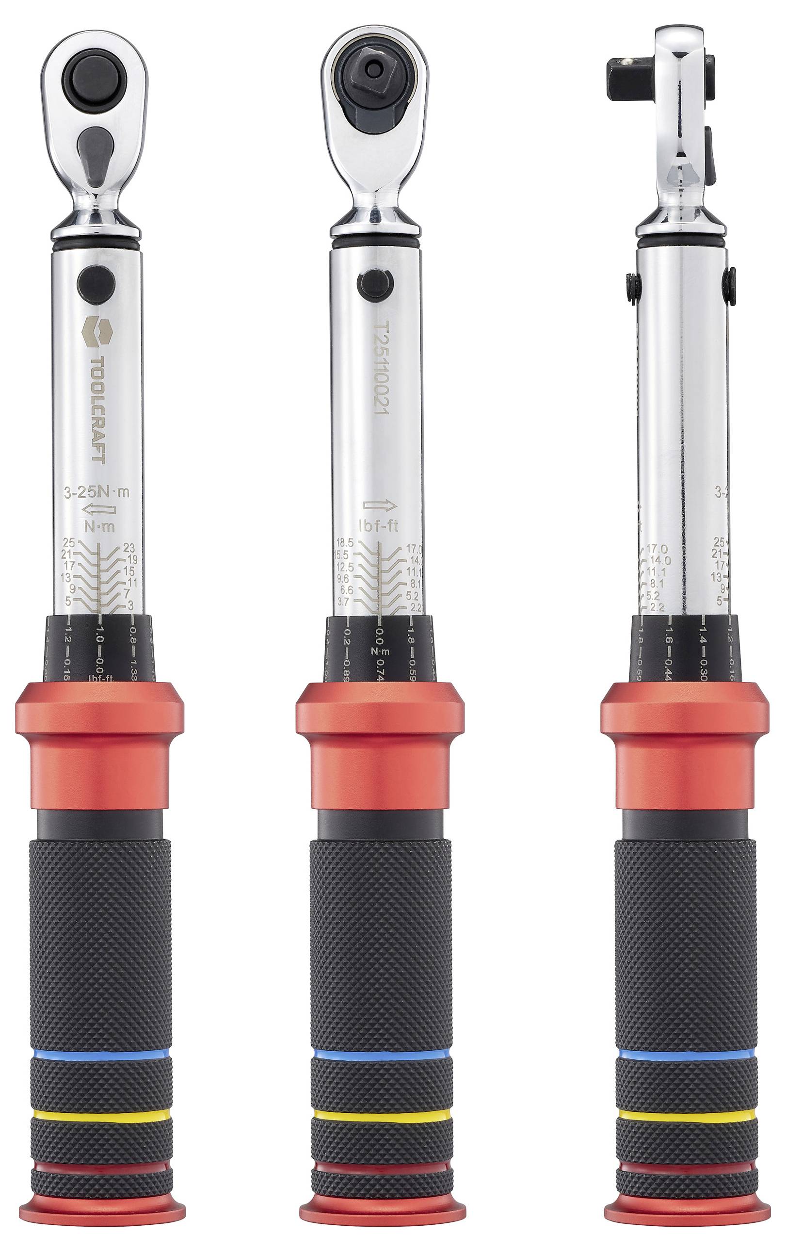 Three metallic torque wrenches with black grips and red collars, shown in front, side, and back views, each marked with measurement scales.
