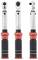 Three metallic torque wrenches with black grips and red collars, shown in front, side, and back views, each marked with measurement scales.