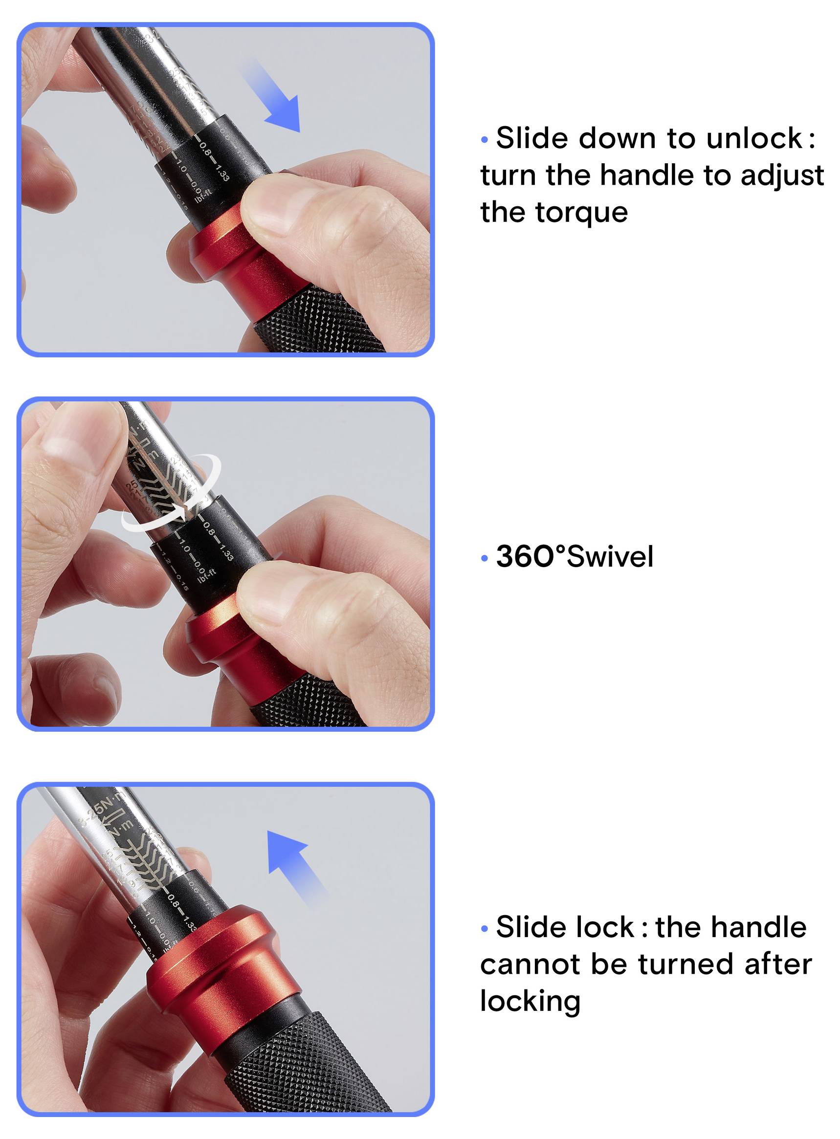'Slide down to unlock: turn the handle to adjust the torque.' '360° Swivel.' 'Slide lock: the handle cannot be turned after locking.'