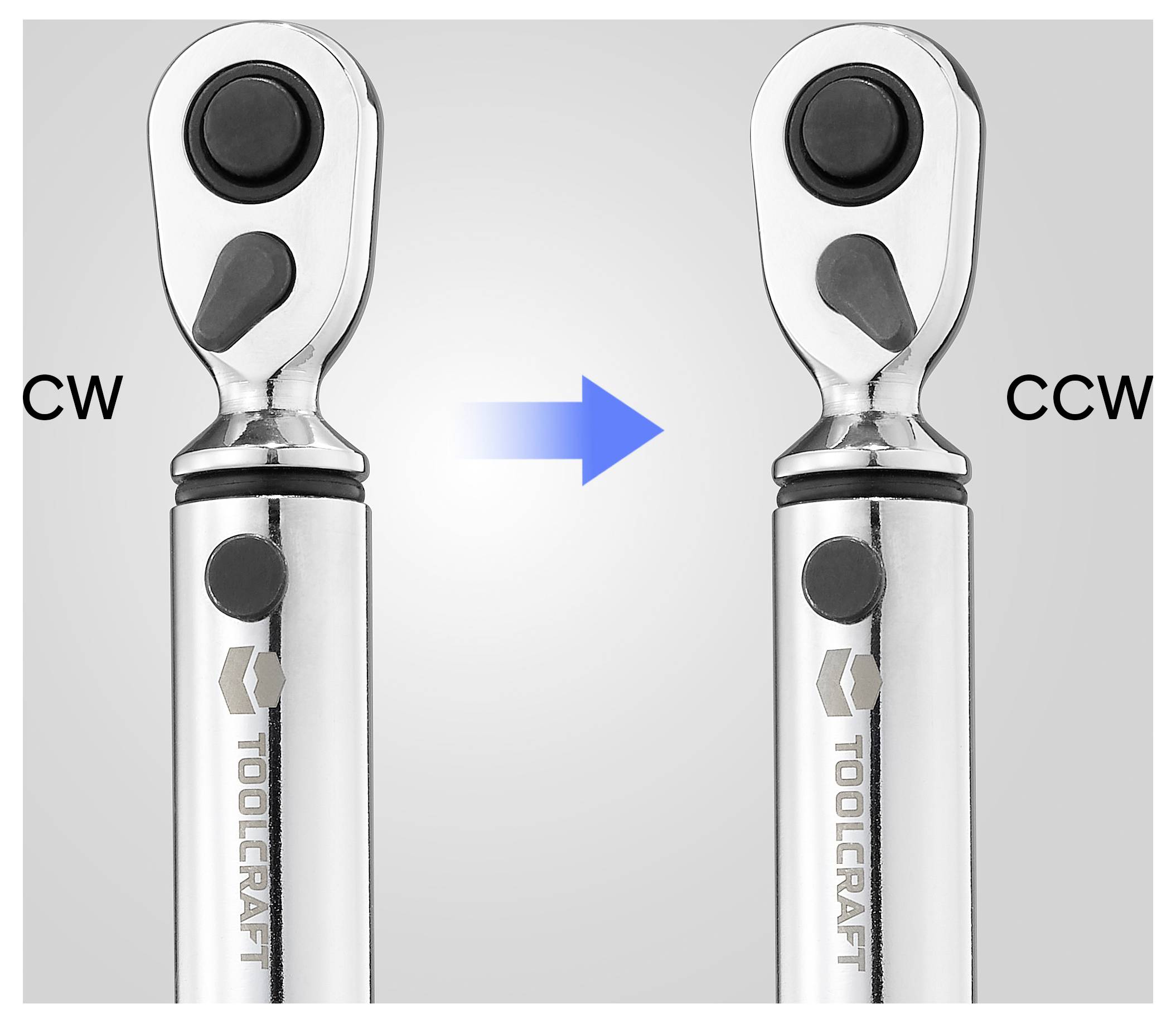 'CW' to 'CCW' directional change shown with two ratchets facing opposite directions and an arrow in between.