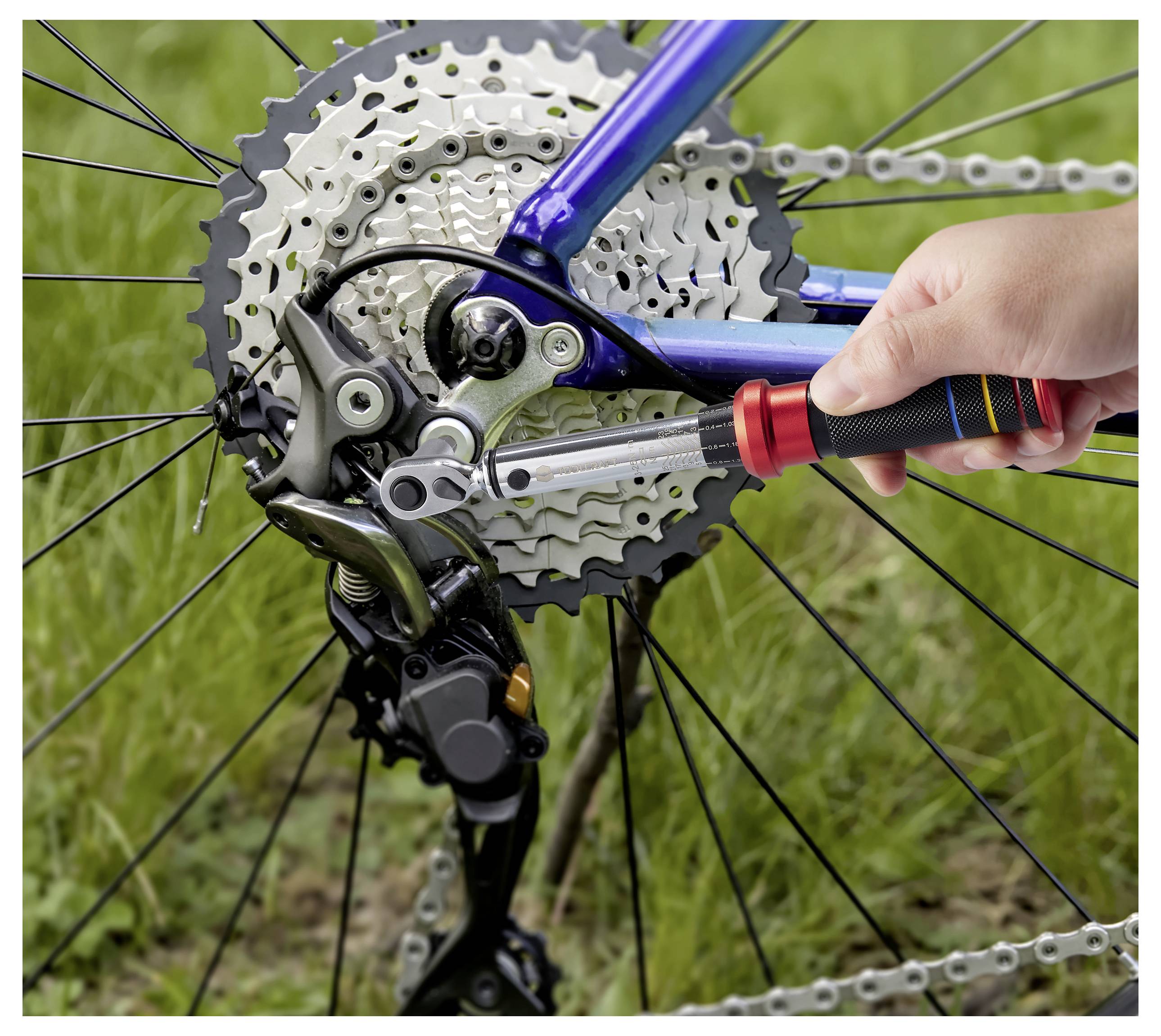 A person's hand uses a wrench to adjust the rear derailleur of a bicycle, aligning gears on the rear wheel's cassette against a grassy background.