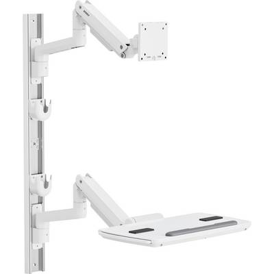 A white, wall-mounted adjustable monitor arm with a keyboard tray, designed for ergonomic workspace setups, capable of vertical and horizontal movement.