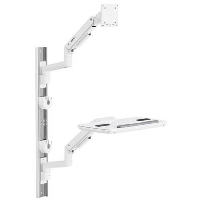 Adjustable wall-mounted arm system with a keyboard tray and monitor mount, designed for ergonomic workspace flexibility and space saving.