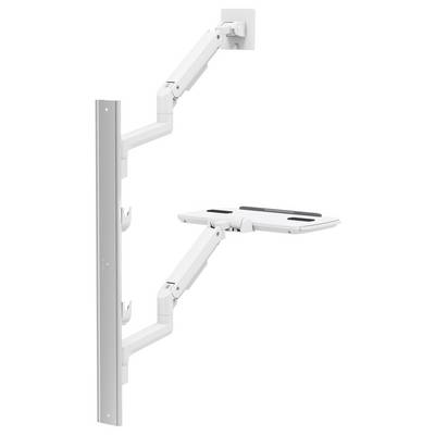 A white adjustable wall-mounted arm for holding devices, featuring multiple joints for flexibility and a flat surface for placement.