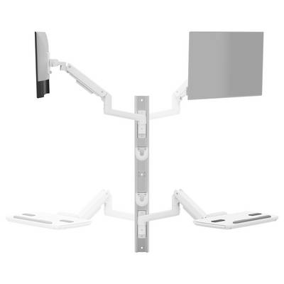 Dual monitor arm mounts with adjustable arms and platforms, featuring a vertical support column.