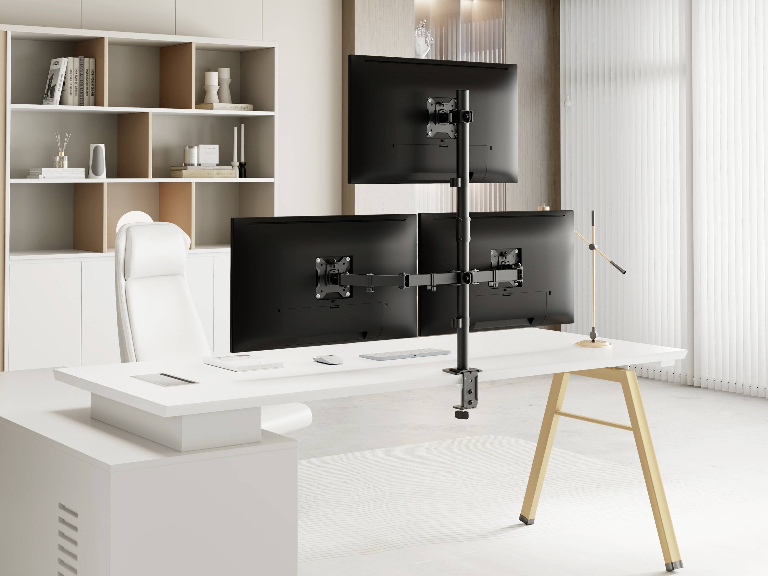 A modern, minimalist office setup with a white desk, dual stacked monitors on a mount, and a white ergonomic chair, against a light background.