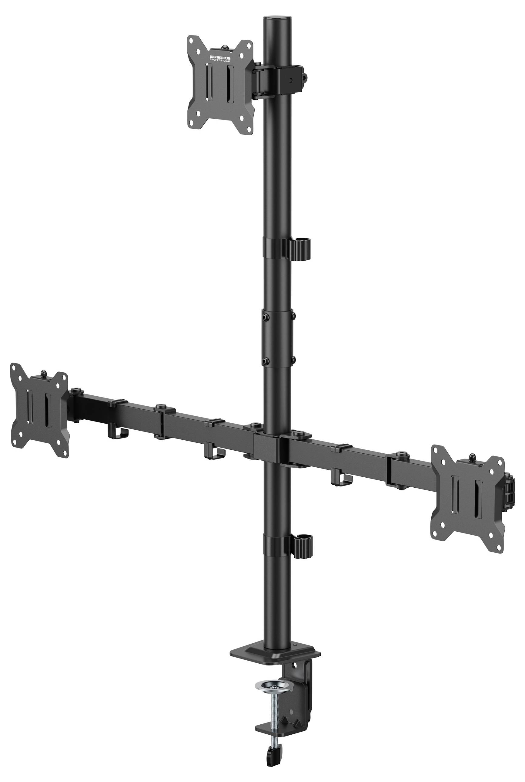 'Quad monitor desk mount stand with adjustable arms for screens. Features VESA compatibility and a clamp base for secure attachment.'