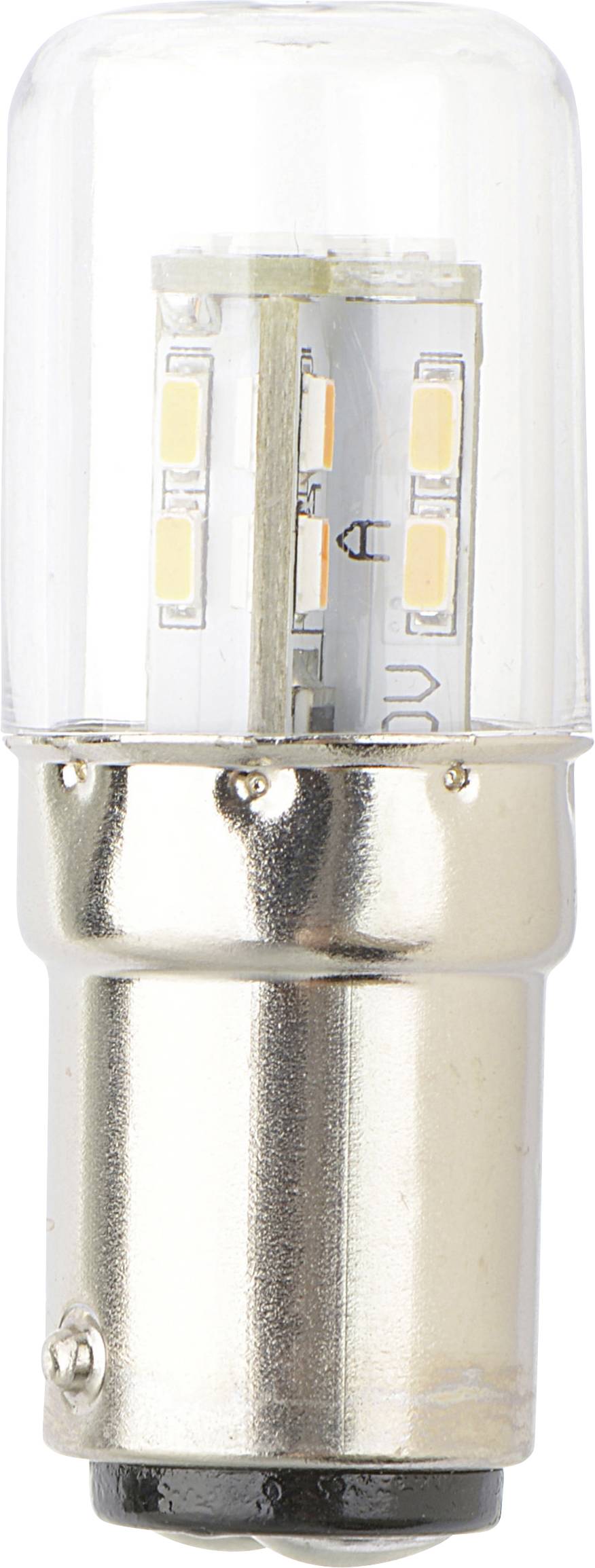 A small, cylindrical LED light bulb with a metal base and transparent casing showing several tiny yellow LED diodes inside.
