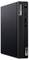 A compact Lenovo ThinkCentre desktop with a sleek black design, featuring front ports for USB and audio connectivity.