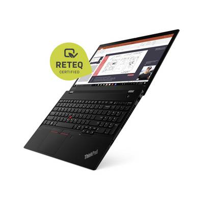 A laptop with 'Reteq Certified' label on screen, showing a digital notebook and presentation slides, indicating it's certified refurbished.