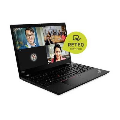 A laptop displaying a video conference with four participants and a 'RETEQ Certified' badge next to it.