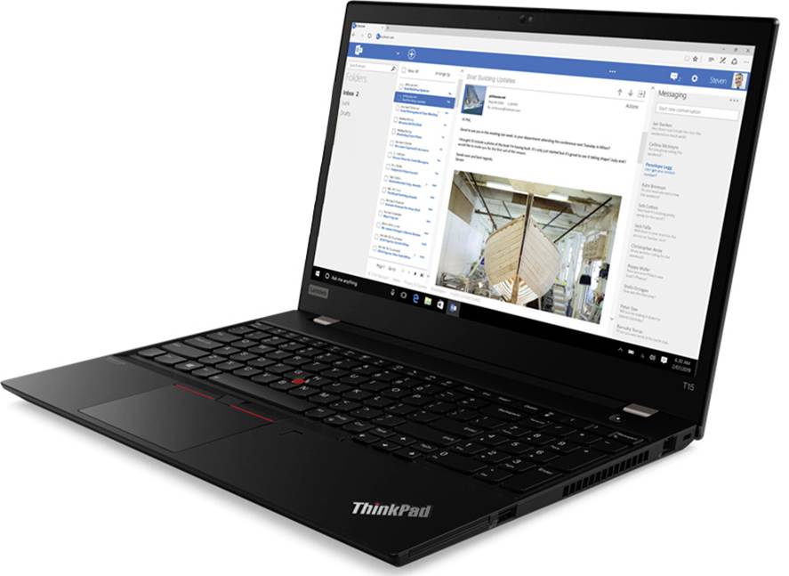 A black laptop open at an angle, displaying an email with text and an image of a boat under construction on the screen.