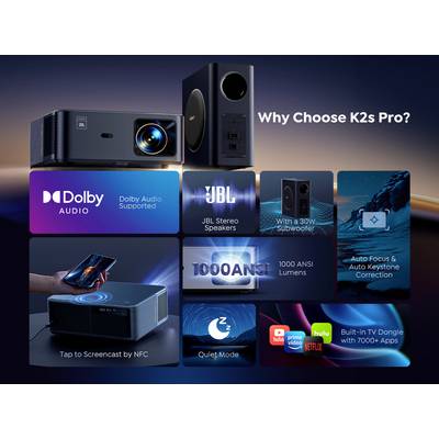 Yaber Projector K2S Pro LCD 800 ANSI lumen 1920 x 1080 Full HD Smart System, integrated apps, Smart-TV dongle, Full HD, -12
