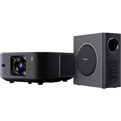 A black projector and speaker placed side by side, showcasing their sleek design and modern aesthetics.