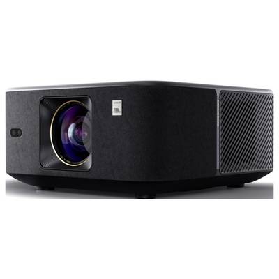 A black, box-shaped projector with a prominent lens on the front, featuring branding logos on the side, rests on a flat surface.