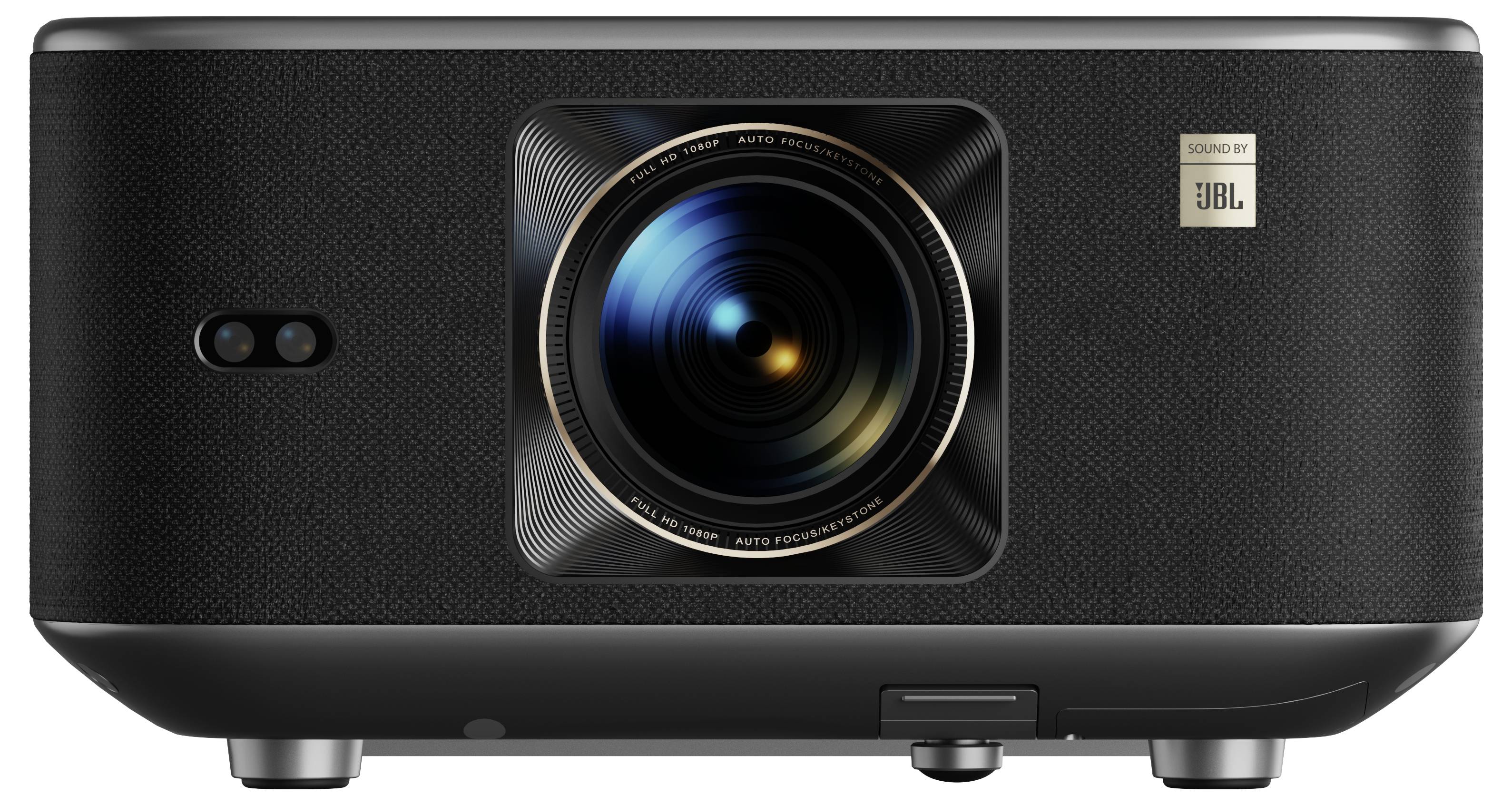 A black projector with a prominent lens in the center, featuring a small 'JBL' logo on the upper right corner, indicating audio enhancement.