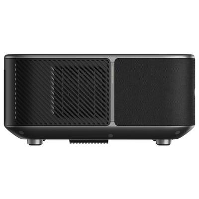 A sleek black electronic device with a perforated panel on one side, possibly a speaker or projector, designed for modern aesthetics.