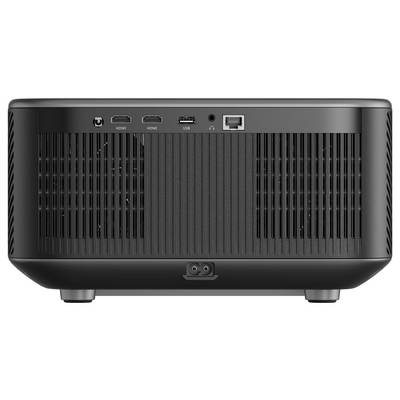 The image shows the back view of a black electronic device with ventilation grilles and ports labeled 'HDMI', 'USB', and an Ethernet port.