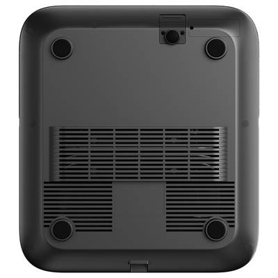 A black, rectangular device viewed from below, featuring four rubber feet at the corners and a large vent in the center for ventilation.