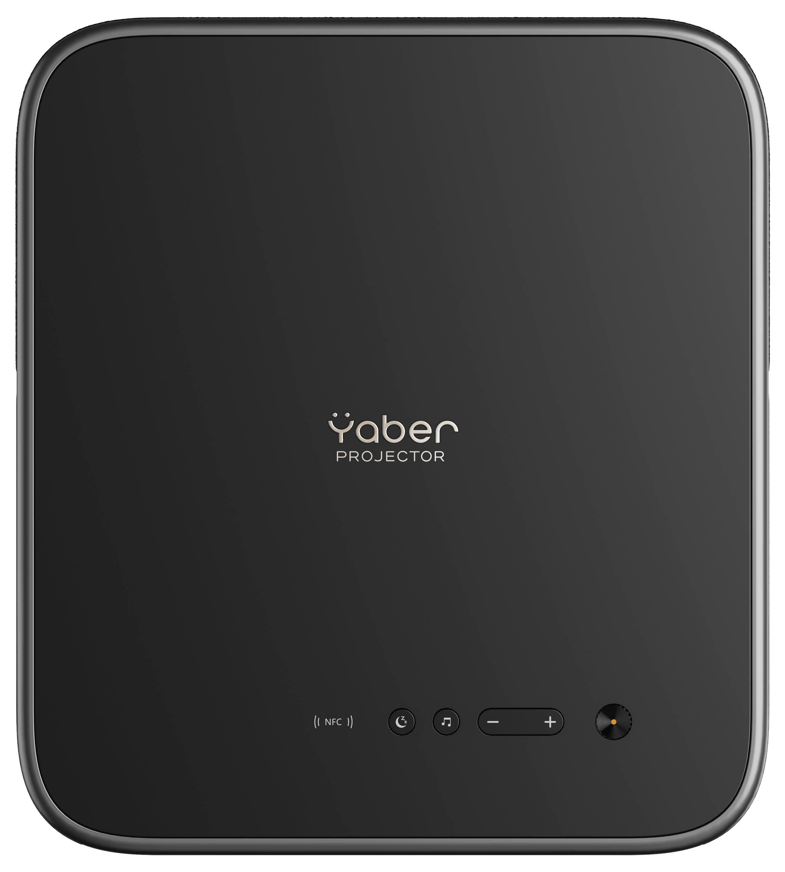 A black Yaber projector with a glossy finish, showing the brand logo, control buttons, and NFC indicator on the top panel.