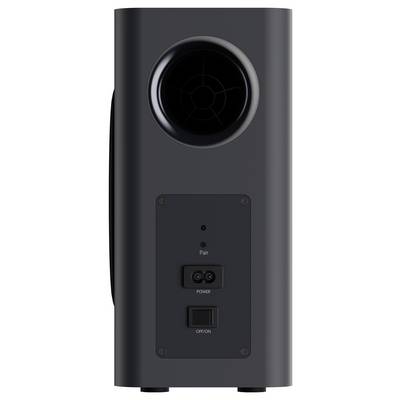 The image shows the back of a black electronic speaker, featuring a round port, a pair button, and power/ON/OFF switch controls.