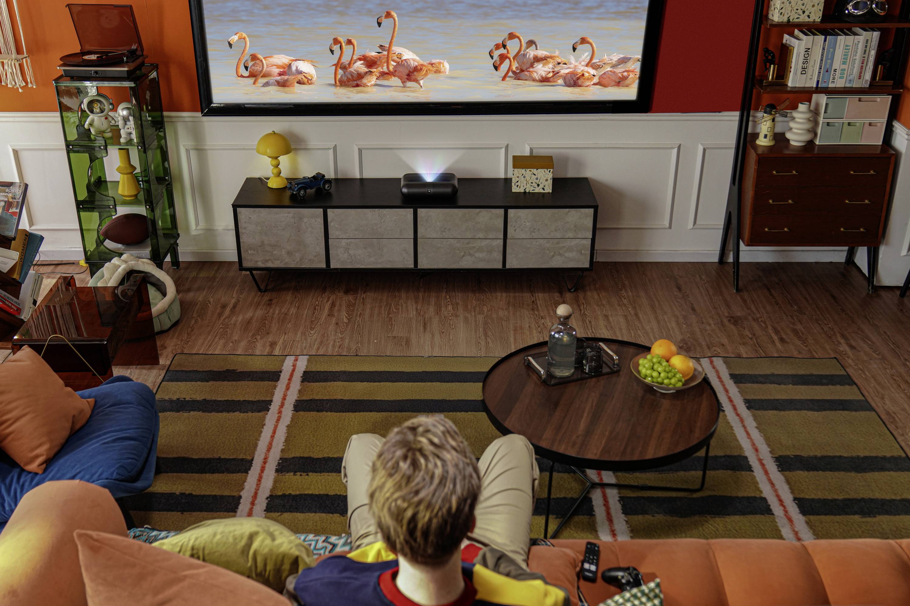 A person sits on a colorful sofa watching flamingos on a large screen in a well-decorated living room with books, plants, and cozy decor. 