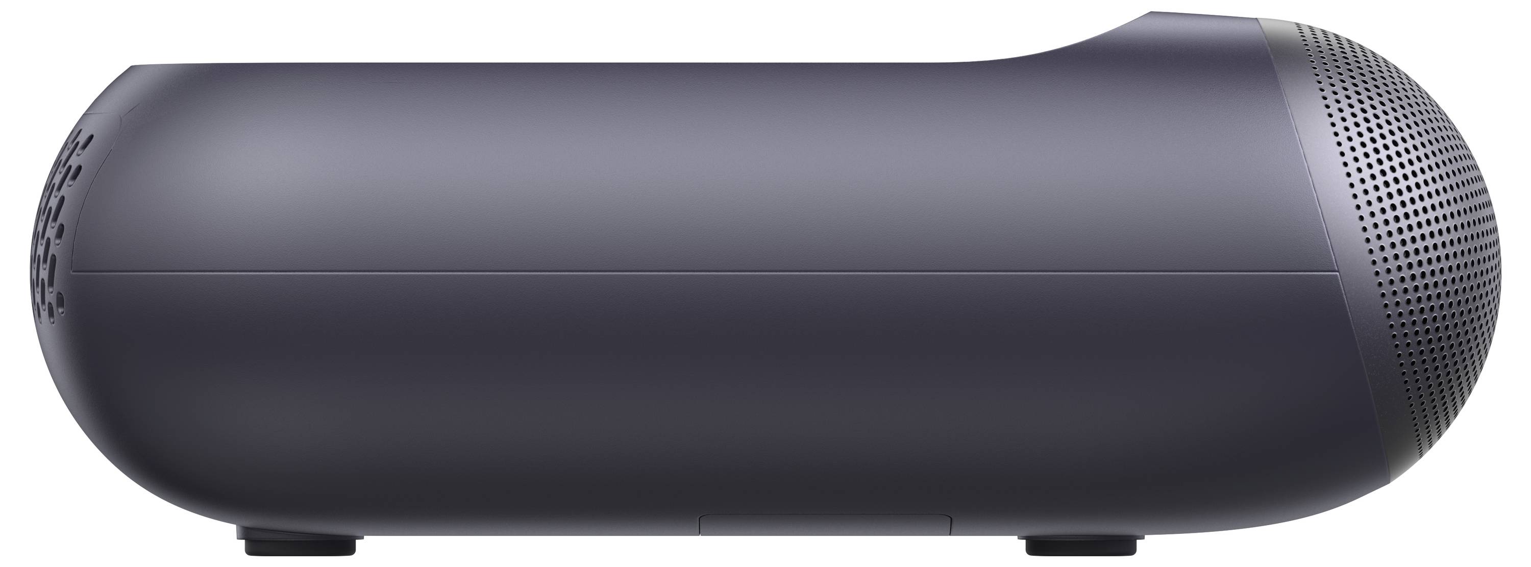 A side view of a sleek, cylindrical black speaker with a perforated grille on one end, suggesting powerful sound output.