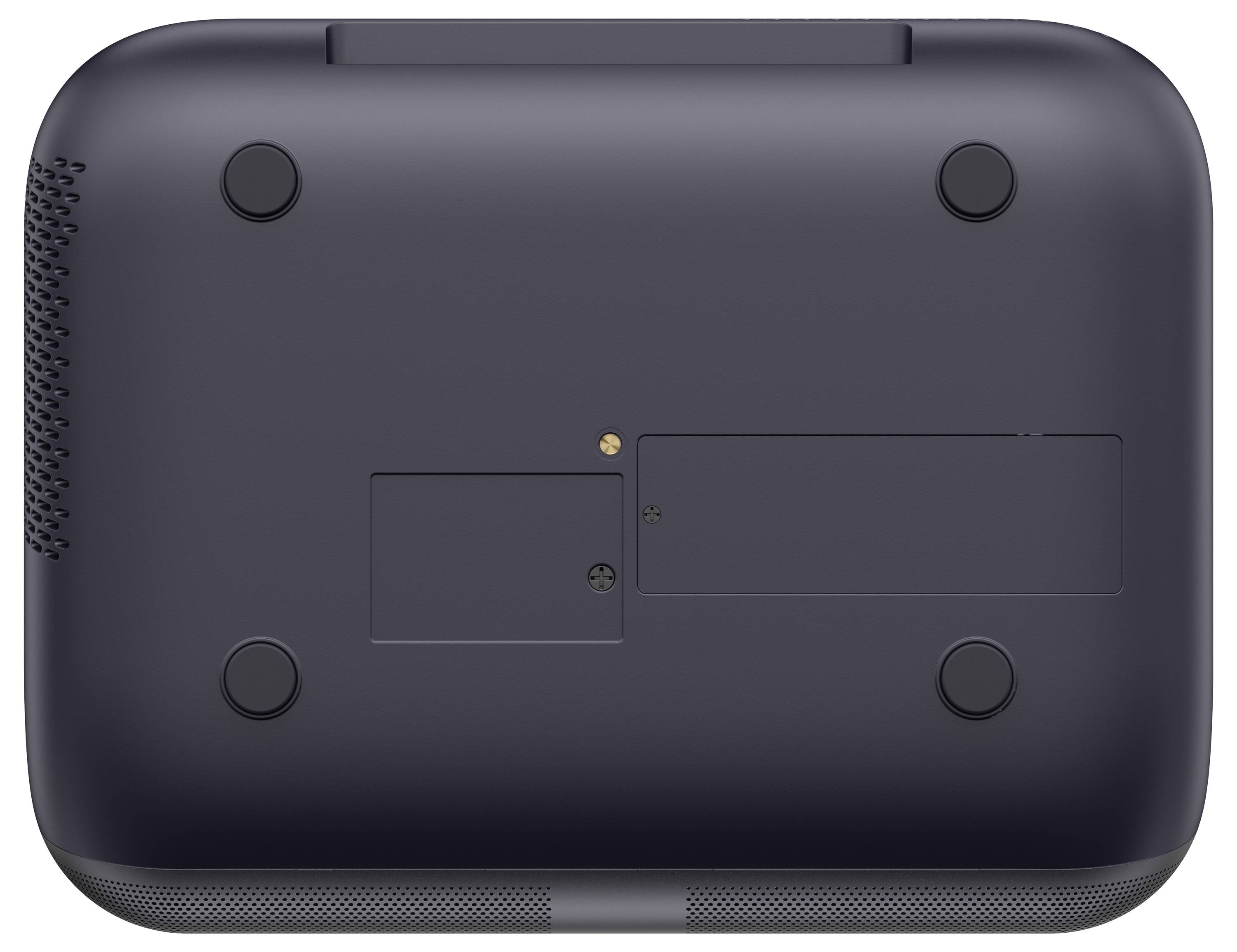 The image shows the bottom view of a device with four circular feet and two panels, suggesting areas for battery or component access.