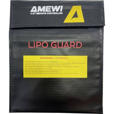 'Lipo Guard' black safety bag with 'AMEWI Just Remote-Controlled' text and yellow logo. Label includes safety warning about lithium batteries.