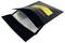'Black fireproof safety bag for LiPo batteries, open to show silver interior material, with a yellow warning label on the exterior.'