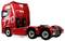 A red Scania truck cab viewed from the side, showing the driver's cabin and connected rear chassis. No trailer is attached.