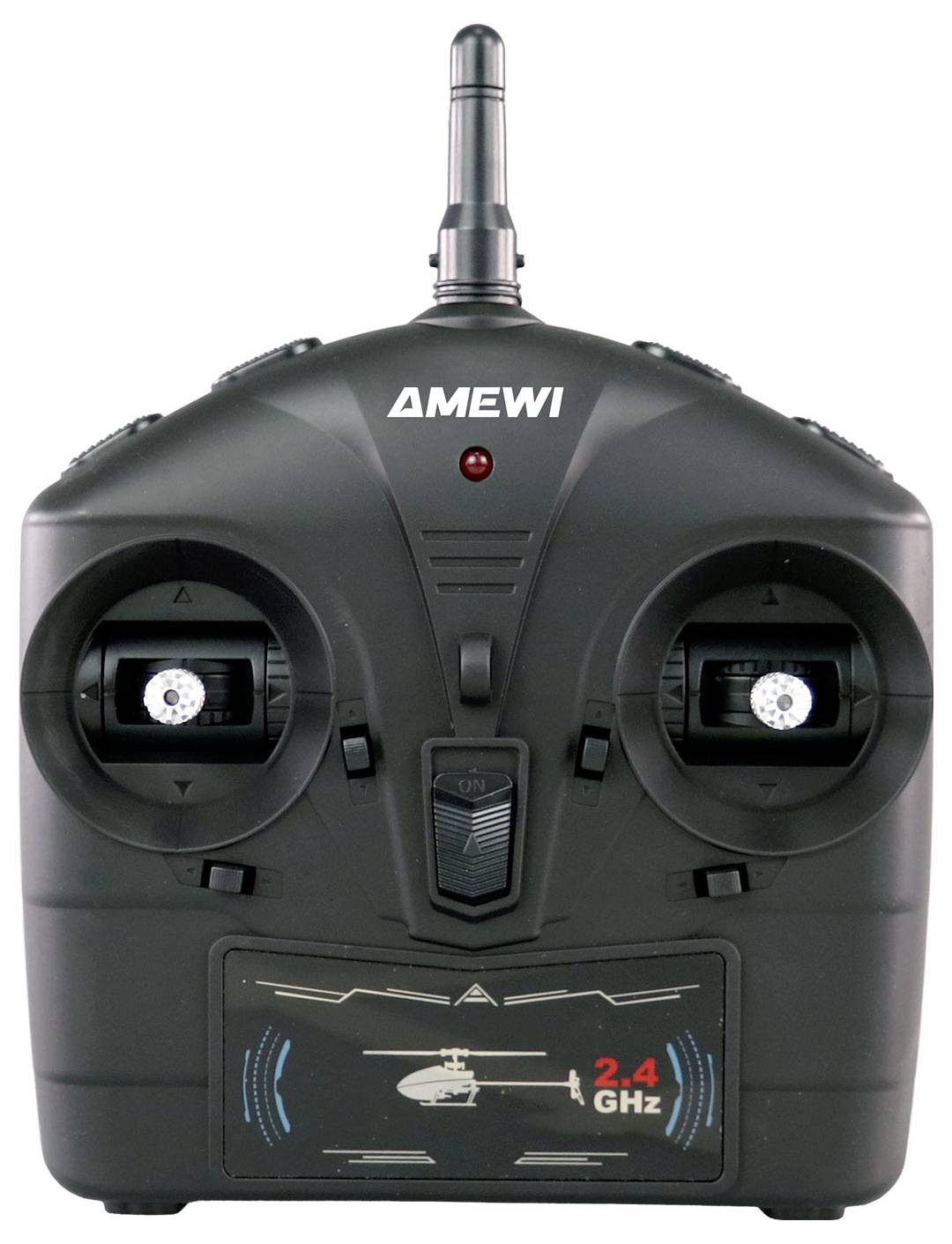 'AMEWI 2.4 GHz remote control with two joystick controls and antenna, designed for operating a model helicopter.'
