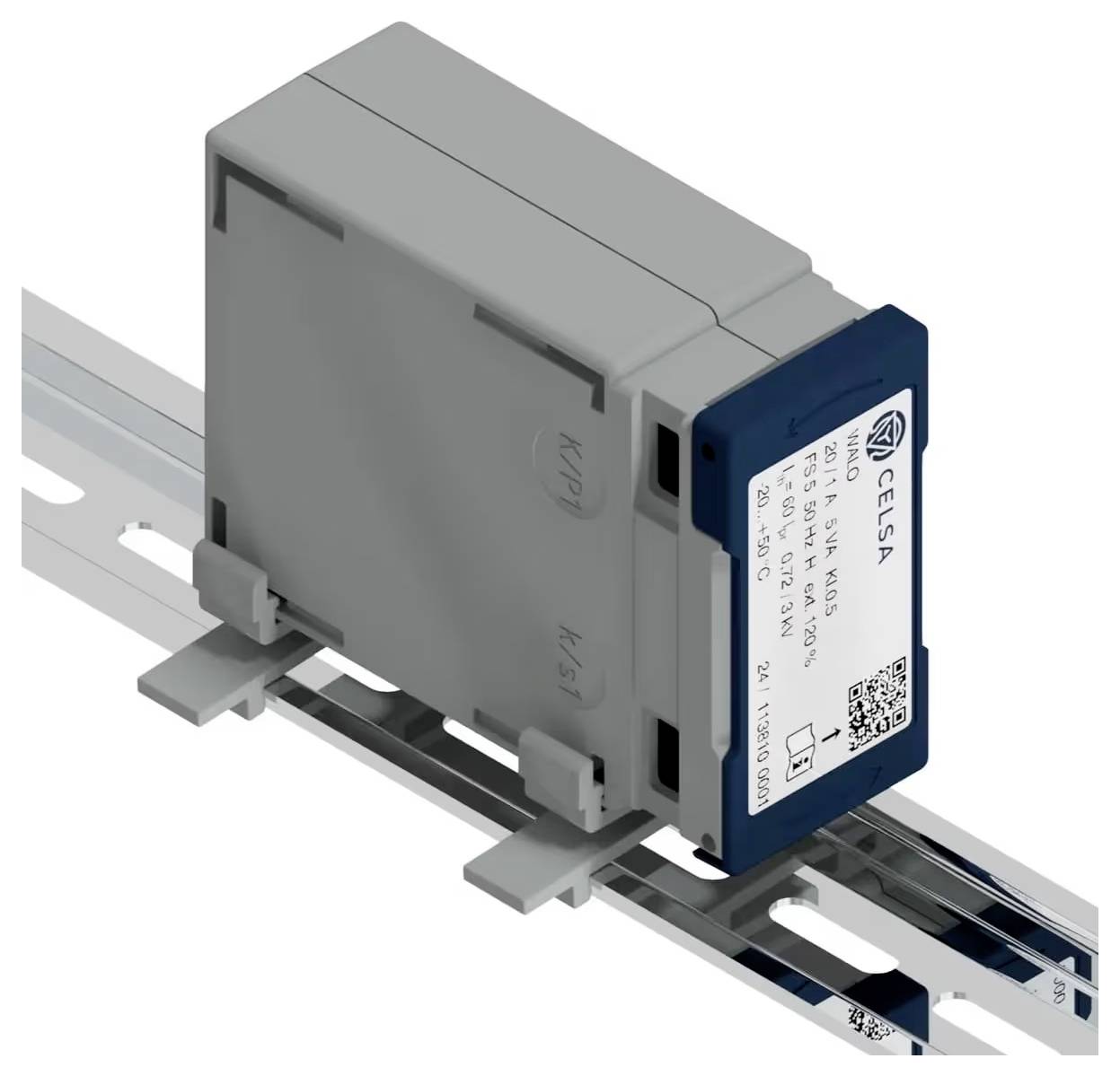 Industrial electrical module mounted on a DIN rail, with a labeled blue side panel and gray housing.<br>
