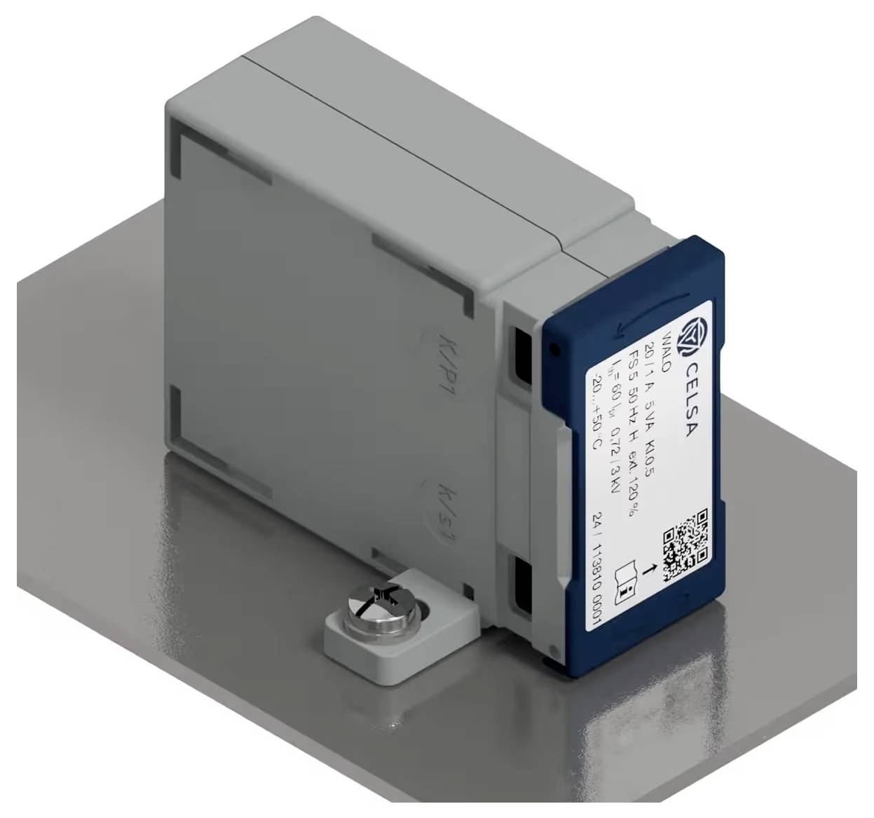 Industrial DIN-rail electrical module with gray housing and blue front label mounted on a metal base.