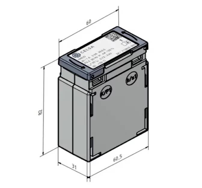 Technical drawing of a rectangular battery pack with dimensions labeled 60, 62, 31, and 60.5, showing top label details and side connectors.