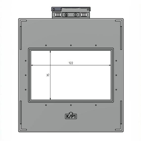 A technical diagram of a rectangular component with a central cutout labeled '122' by '75'. Top features a small protruding section, with 'K/P1' text below the cutout.