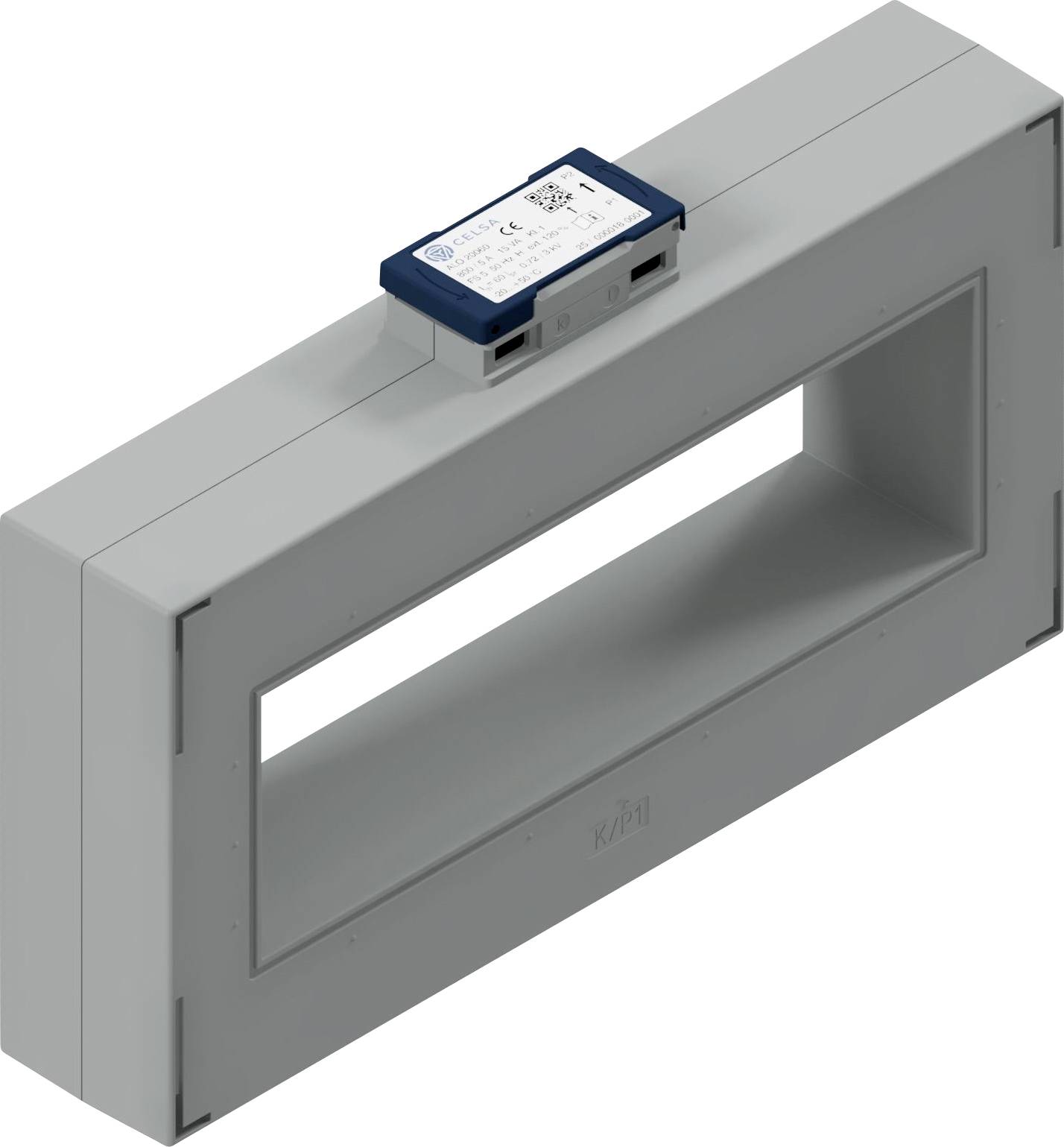 Rectangular gray electrical component with a blue and white label on top, featuring an open center section.