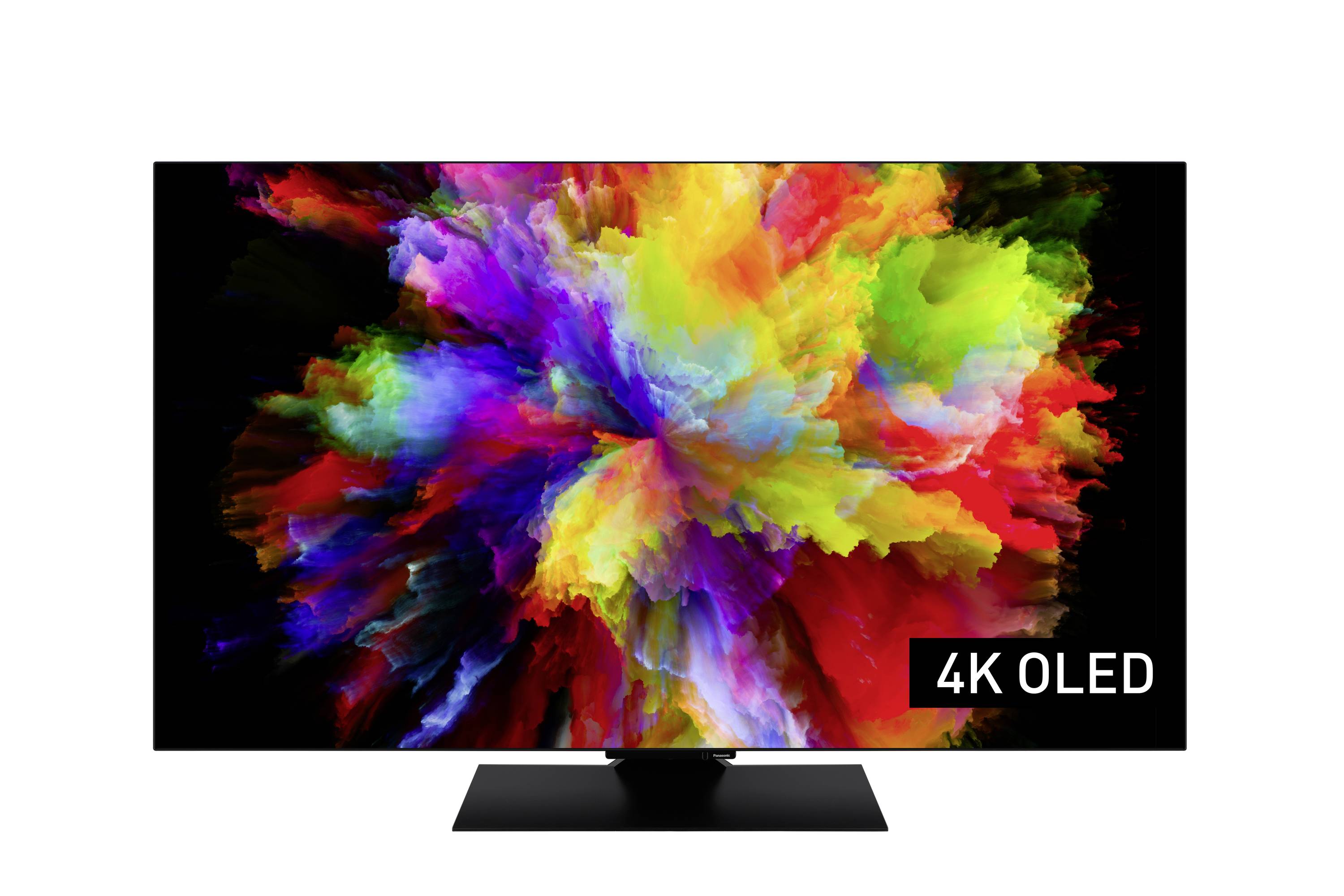 A vibrant explosion of colorful, abstract patterns fills the screen of a 4K OLED television.
