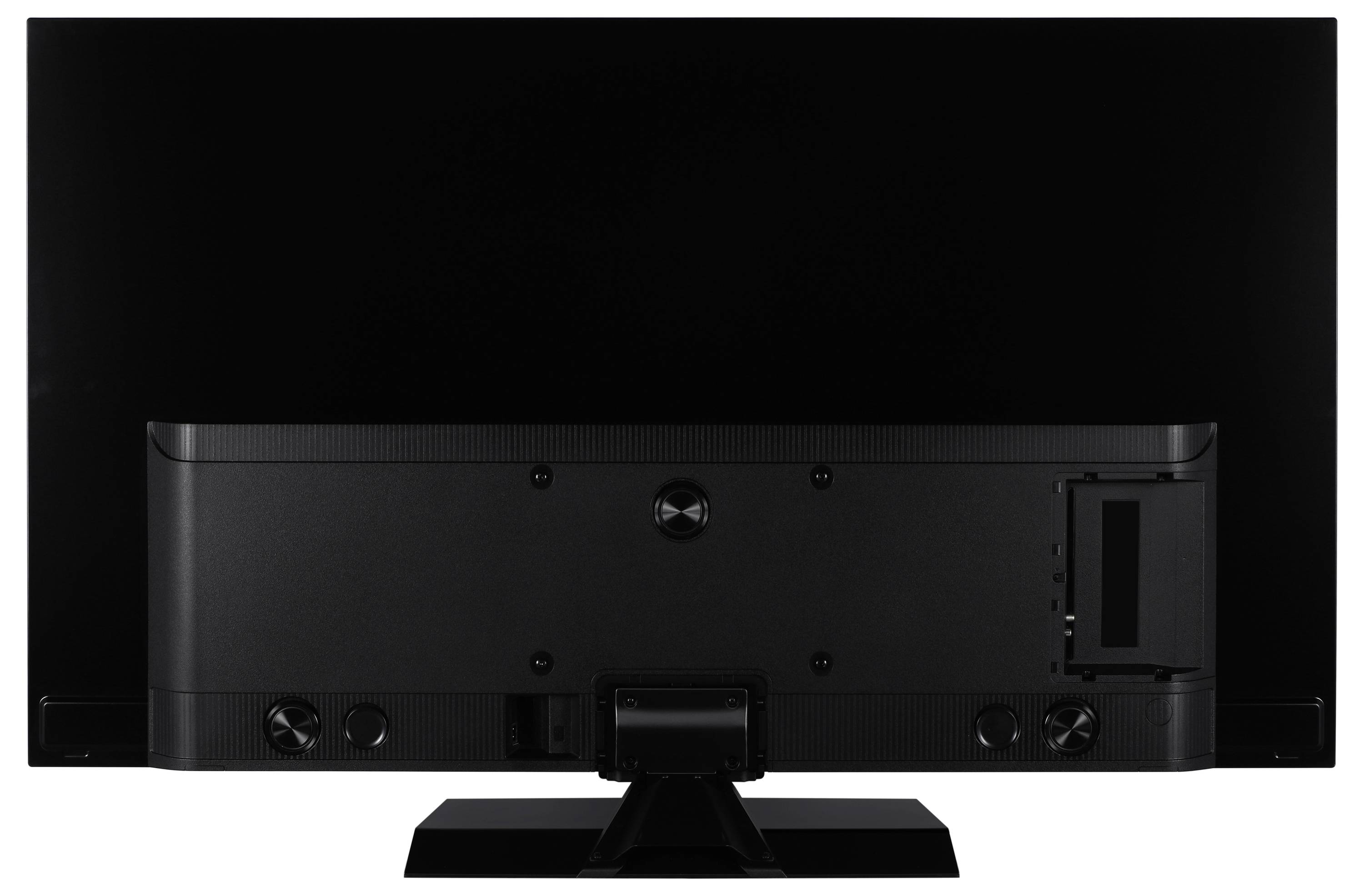 Back view of a flat-screen television showing ports and connectors on a black panel with a central stand.
