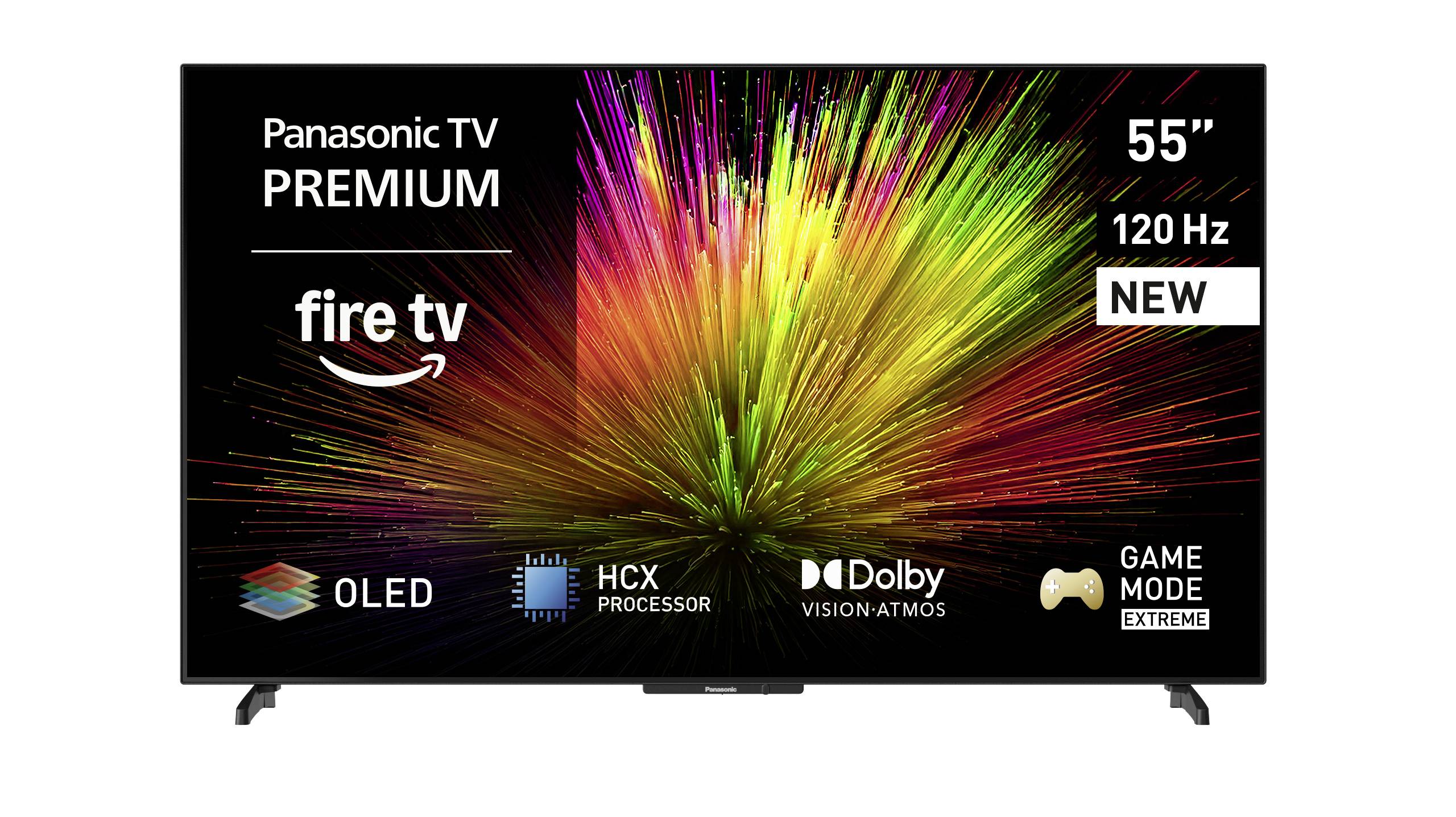A Panasonic TV displaying colorful graphics on screen, with features like OLED, HCX Processor, Dolby Vision Atmos, and Game Mode Extreme highlighted alongside 'NEW' label, 55" size, and 120 Hz refresh rate.