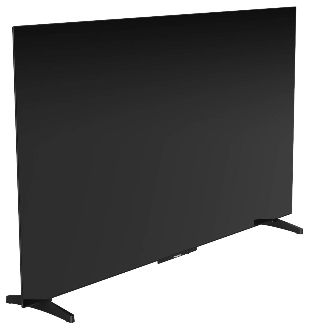 A sleek, flat-screen TV with slim bezels and two sturdy, V-shaped legs. The screen is black, suggesting it's turned off.