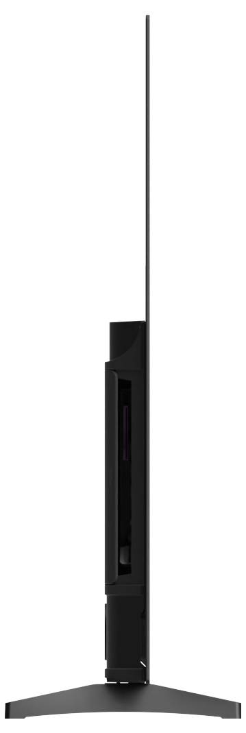 A side view of an ultra-thin black monitor on a stand, showcasing its slim profile and modern design.