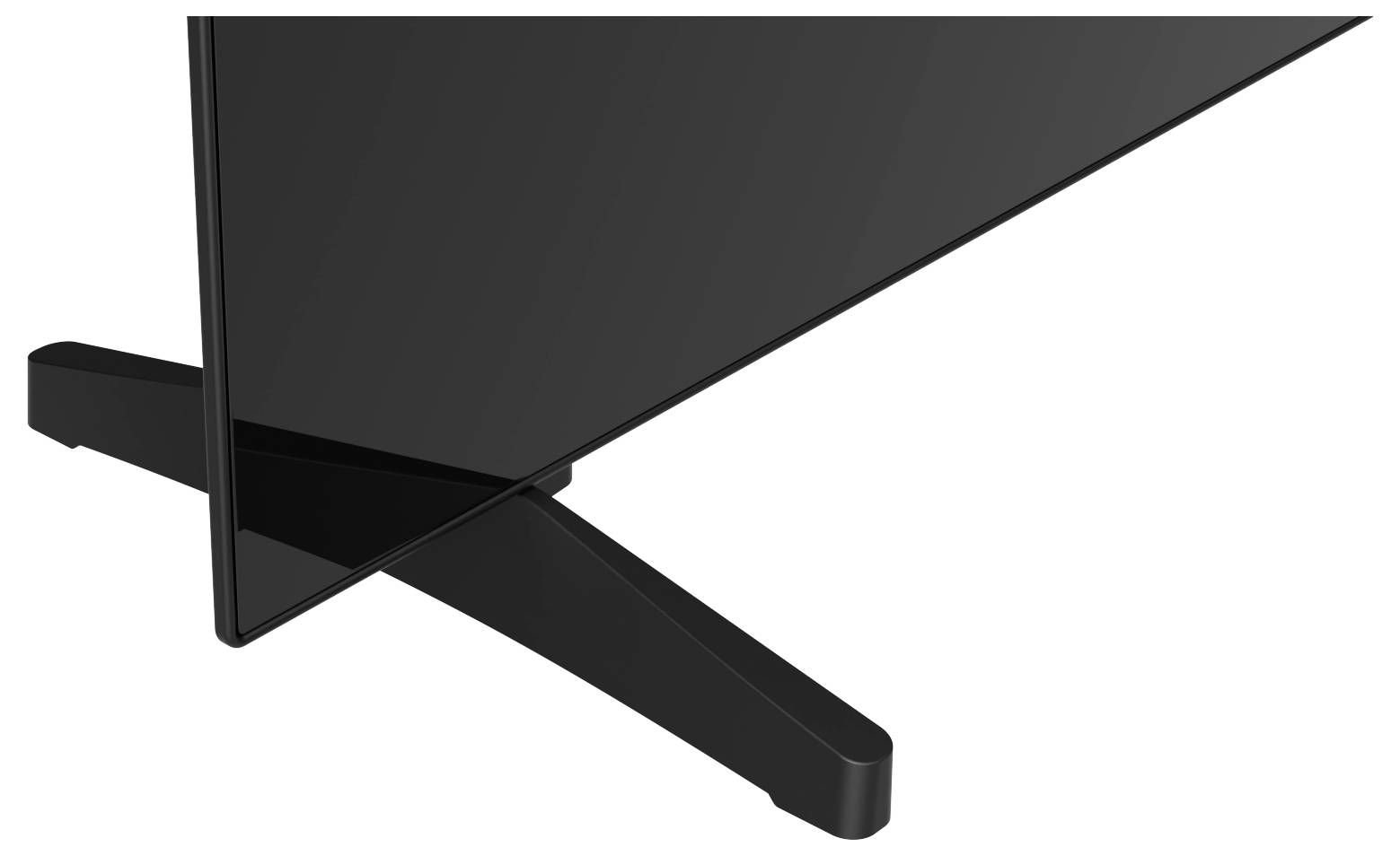 A close-up of a flat-screen TV's sleek black stand, emphasizing its modern design and structure.