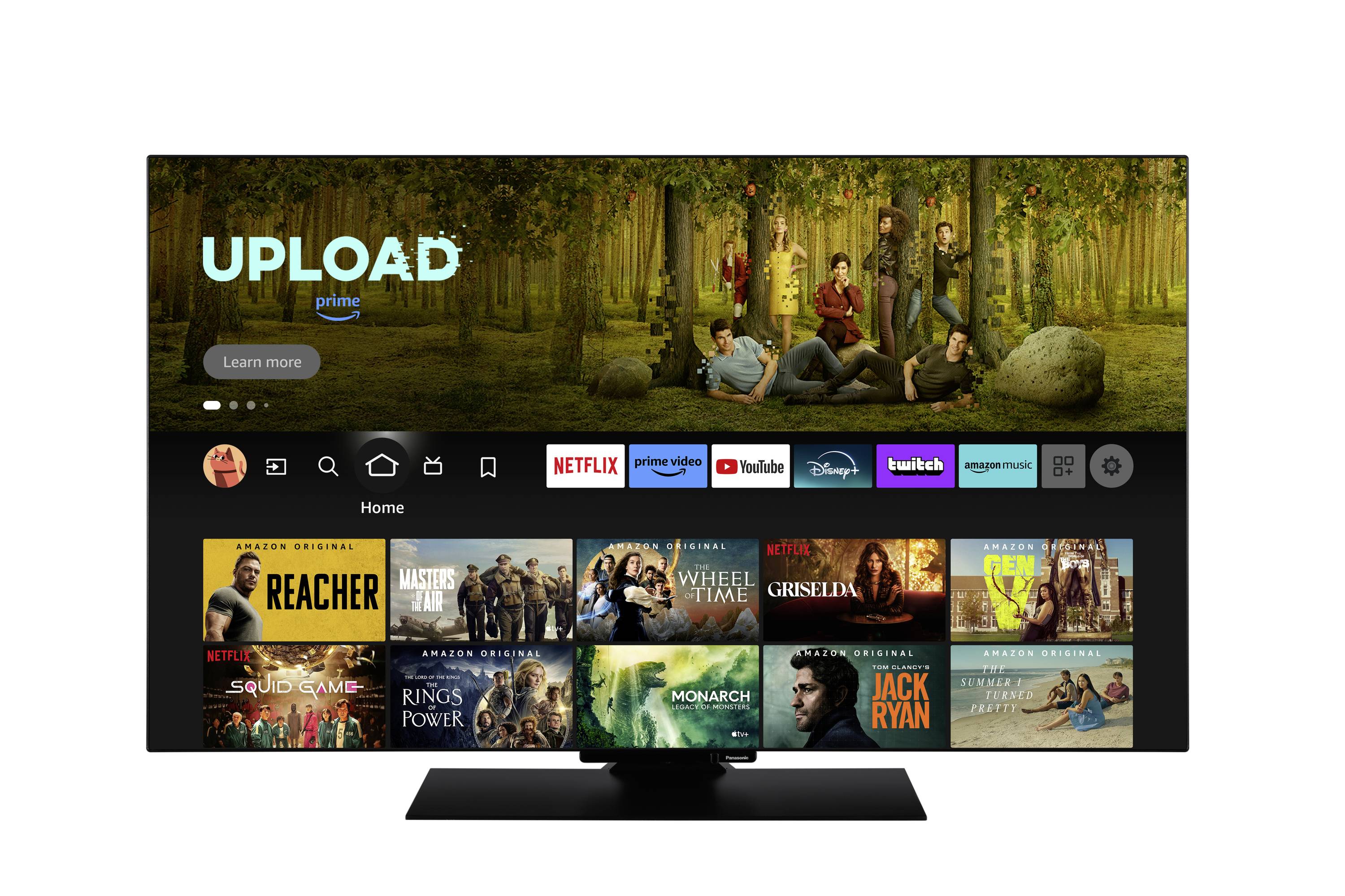A smart TV screen displays a streaming service interface with shows like 'Upload,' 'Reacher,' and 'The Wheel of Time' in a forest-themed background.