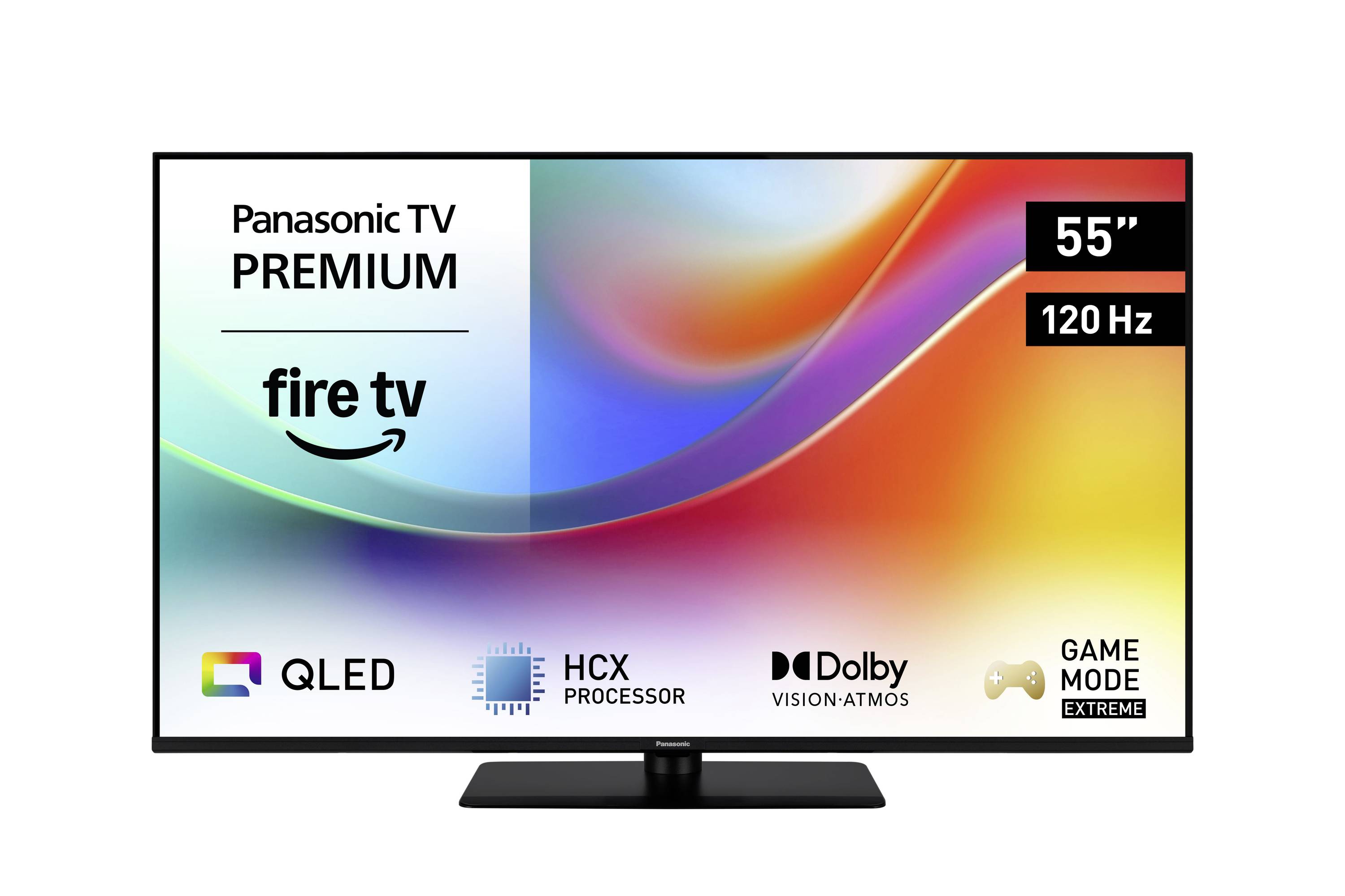 Panasonic 55" Premium Fire TV with 120 Hz refresh rate, QLED display, HCX Processor, Dolby Vision Atmos, and Game Mode Extreme.