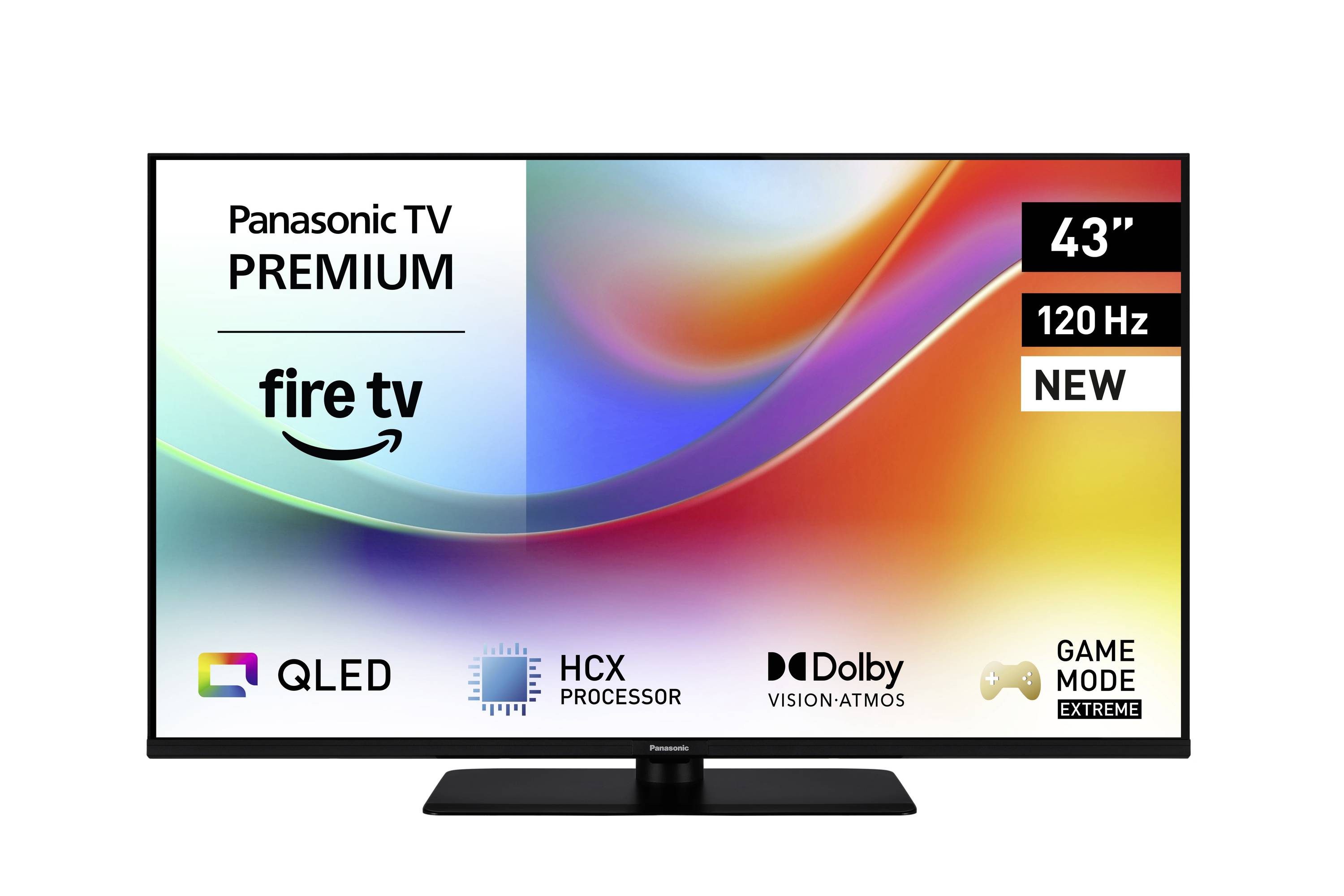 Panasonic Premium TV with Fire TV, features 43" screen, 120 Hz refresh rate, QLED, HCX processor, Dolby Vision-Atmos, Game Mode.