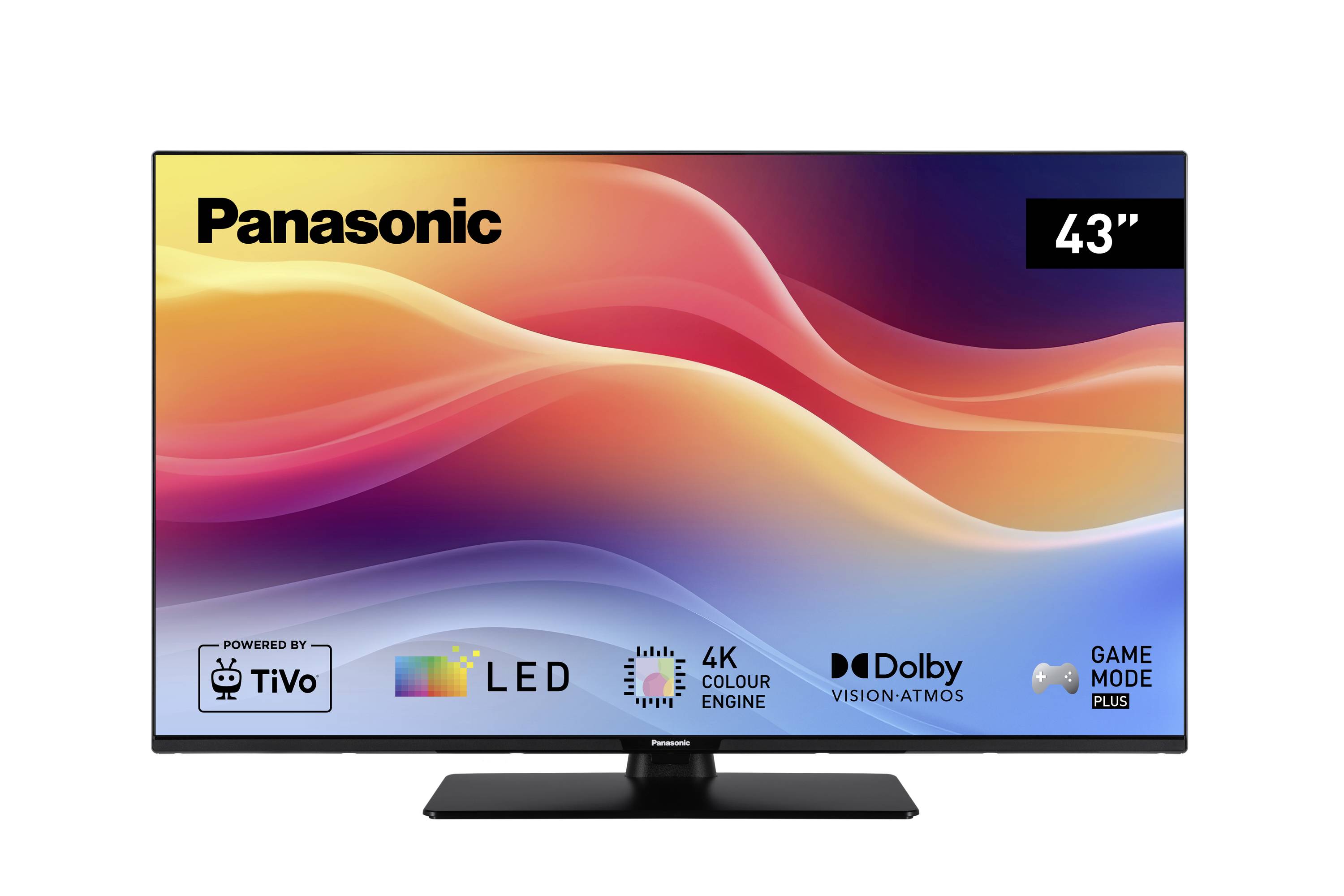 43-inch Panasonic LED TV with 4K color, Dolby Vision Atmos, and Game Mode Plus. Shows vibrant wavy colors and brand logos.