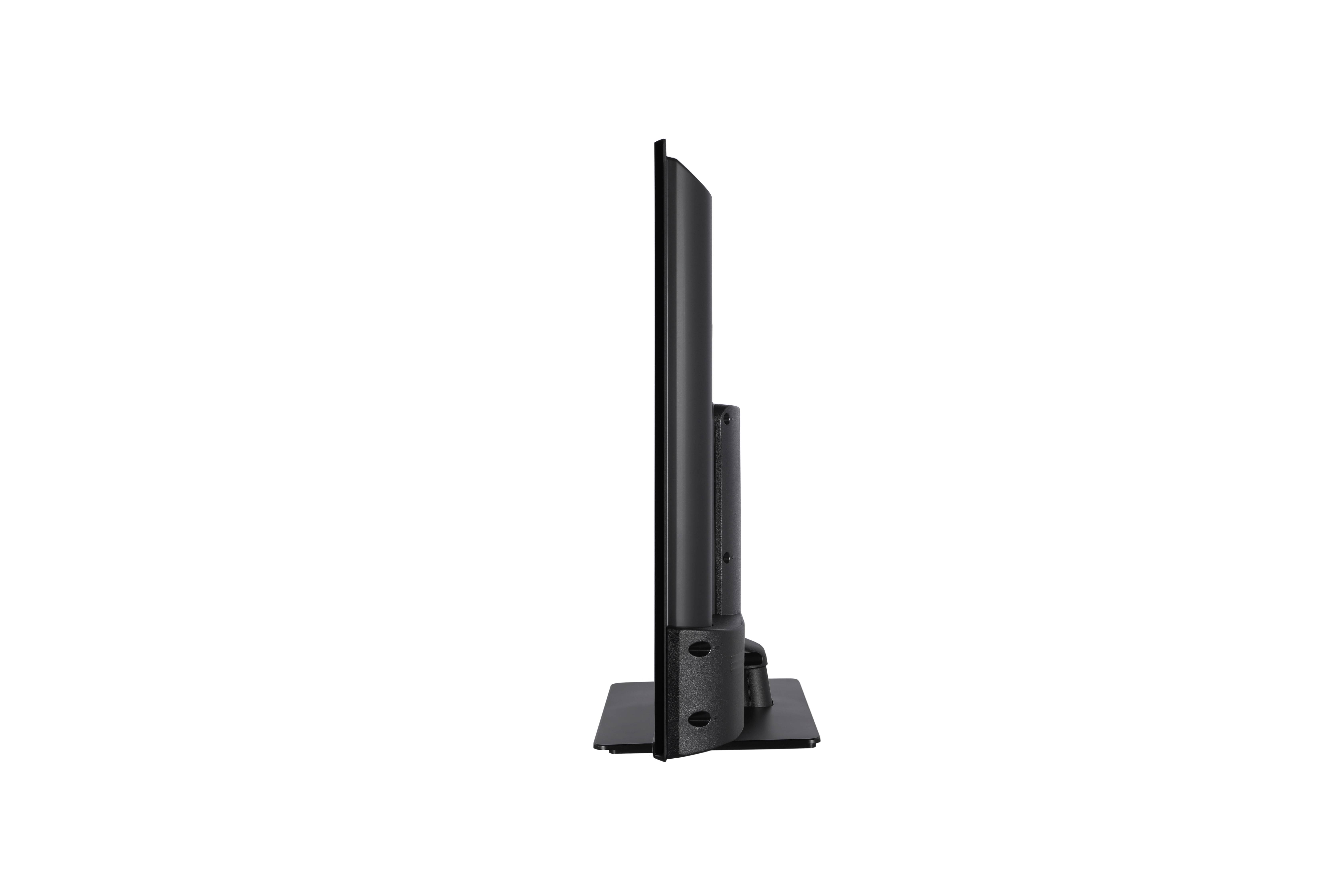 Side view of a slim black monitor on a rectangular stand, showcasing its thin profile.
